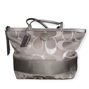 COACH VINTAGE SIGNATURE SILVER METALLIC GRAY TOTE EUC